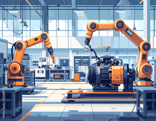 Two orange industrial robotic arms assembling a large electric motor.