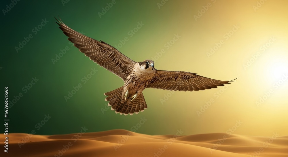 Obraz premium Falcon soars over desert sands wings wide against a blend of green and warm yellow skies