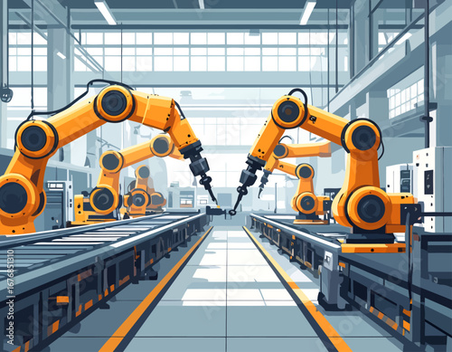 Automated factory assembly line with industrial robotic arms.