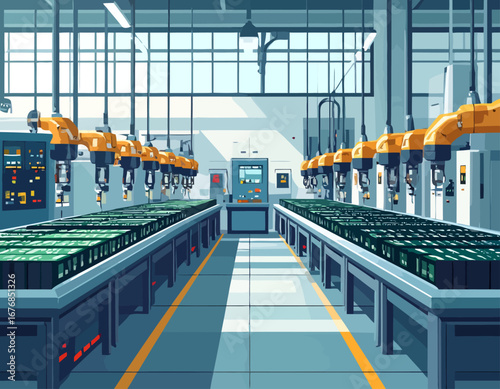 Automated robotic arms working on a modern battery production line.
