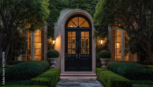 Elegant, dark front door of a mansion at twilight.  Tranquil, well-maintained landscape surrounds