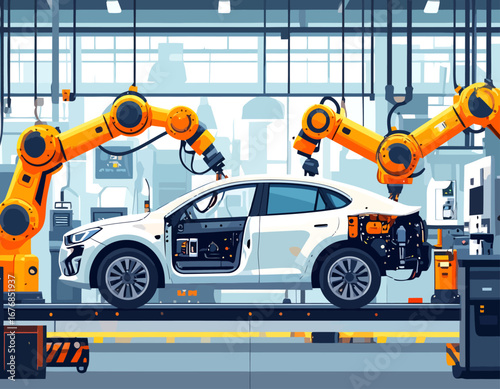 Robotic Arms Assembling Car Body on Assembly Line.