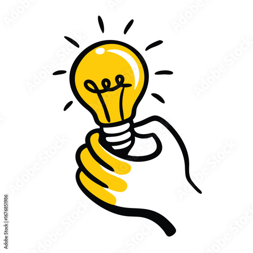 Hand holding a bright yellow glowing light bulb idea doodle business vector icon on transparent background