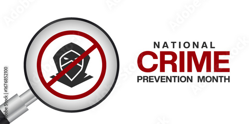 October is National Crime Prevention Month. Magnifying glass and human. Suitable for posters, banners and social media. White background.
