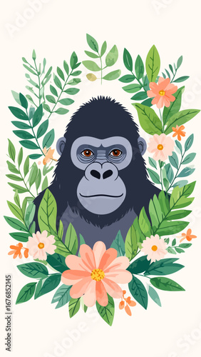 Charming Illustrated Gorilla Portrait Surrounded by Lush Greenery and Flowers.