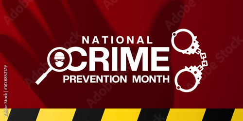 October is National Crime Prevention Month. Handcuffs, hand and more. Suitable for posters, banners and social media. Red background.