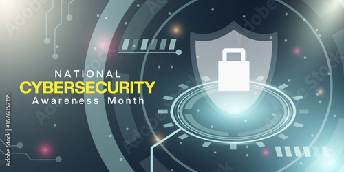 October is National Cybersecurity Awareness Month. Sheild, Padlock and more. Suitable for posters, banners and social media. Dark background.
