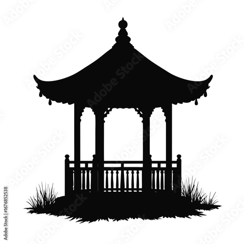Black silhouette of a traditional Asian gazebo with grass 3