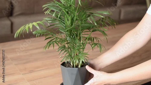 Female hands take a pot with a chamedorea plant from the table.