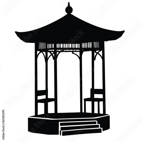 Black silhouette of a traditional gazebo with benches
