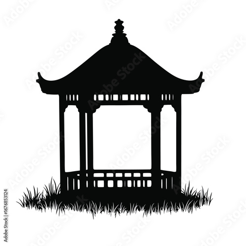 Black silhouette of a traditional gazebo with grass