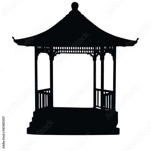 Black silhouette of a traditional gazebo with ornate details