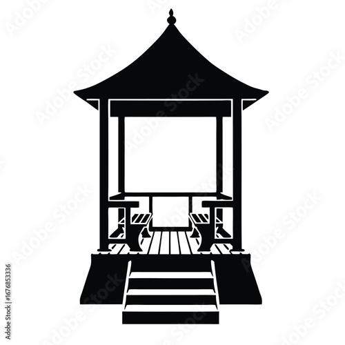 Black silhouette of a traditional pavilion with benches and stairs
