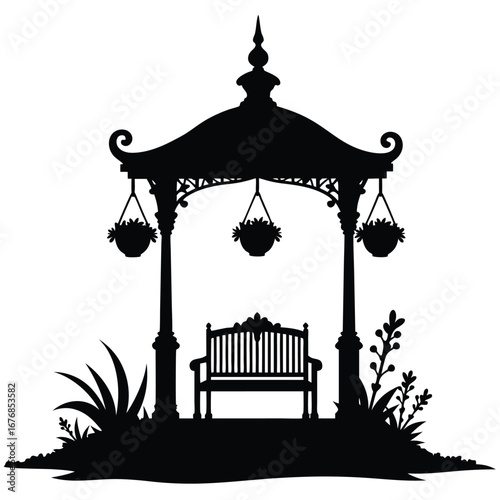 Black silhouette of a Victorian gazebo with bench and hanging plants