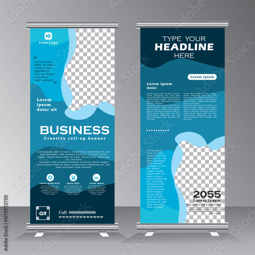 Roll up banner stand template design, Blue banner layout, advertisement, pull up, background, vector illustration, business roll up banner with image space, space for photos, eps 