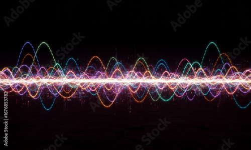 Neon glowing abstract waves flowing smoothly across a dark sci-fi inspired background. Concept of digital energy and spiritual vibration with colorful light trails