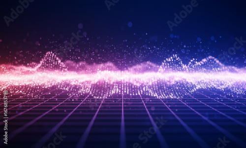 Soft blurry neon waves with sparkling light particles, creating a spiritual energy field on a futuristic digital background.