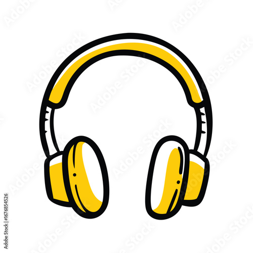 Yellow headphones with black outline on white background doodle business vector icon on transparent background