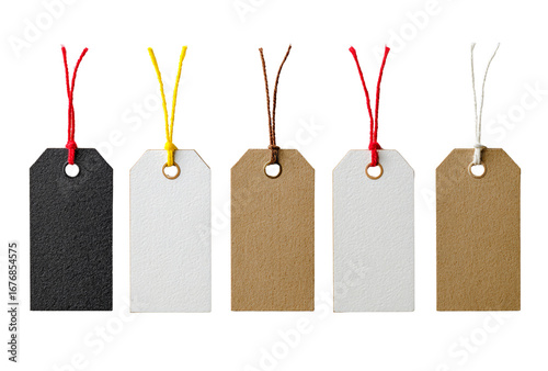 Five blank gift tags in black, white, and brown with colorful strings, isolated on transparent background