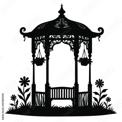 Black silhouette of ornate garden gazebo with bench and flowers