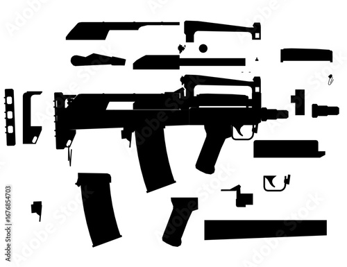 Black and white assault rifle silhouette with cut-out parts, isolated on a clean white background.