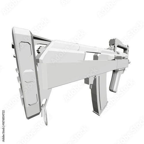 Polygonal white assault rifle 3D model on clean background, featuring detailed weapon components and realistic textures.