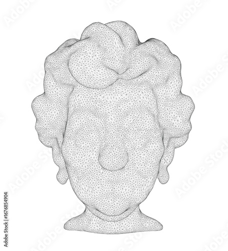 Stylized wireframe granny head with intricate curly hair, composed of geometric lines and shapes in a 3D design.