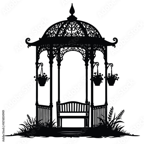 Black silhouette of ornate garden gazebo with bench and hanging flower baskets