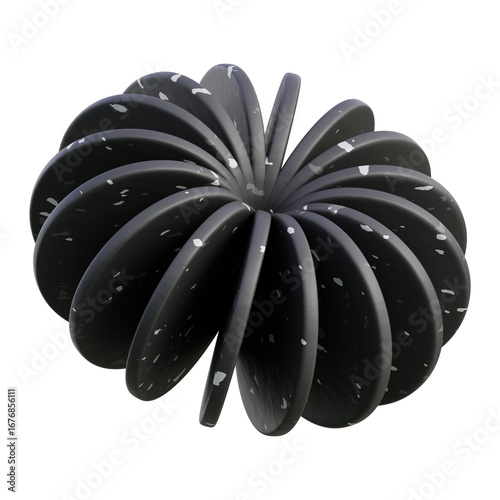 Smooth black 3D torus made of curved petals; ideal for tech branding, product visuals, abstract logos, and modern web design.