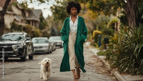 Fototapeta Naklejka Na Ścianę i Meble -  a stylish woman walks her small white dog down a tree-lined residential street wearing a long green cardigan and cream-colored pants.