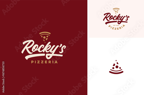 Simple a slice of pizza silhouette for pizzeria with minimalist lettering typography logo design
