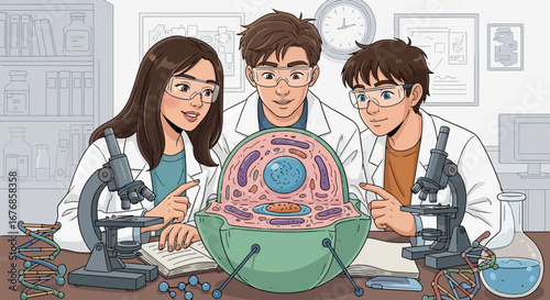 Dedicated Team of Researchers Exploring the Intricacies of a Biological Cell Model in a Modern Science Laboratory