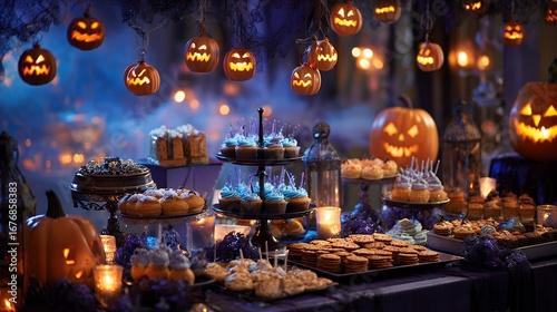 Vibrant Halloween celebration featuring illuminated pumpkins spooky decorations festive party setup autumn harvest theme creative lighting and seasonal decor for a cheerful night