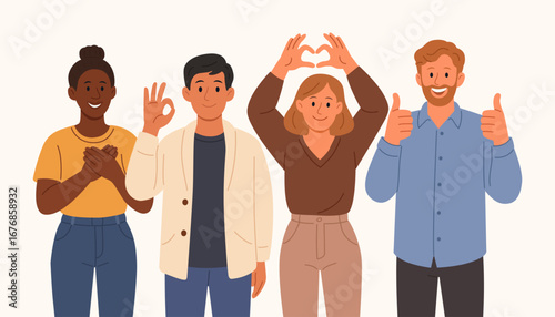 Diverse Group of Happy People Showing Positive Hand Gestures and Smiling Faces Multicultural Men and Women Expressing Joy Love and Friendship Perfect for Teamwork Inclusion and Celebration Themes