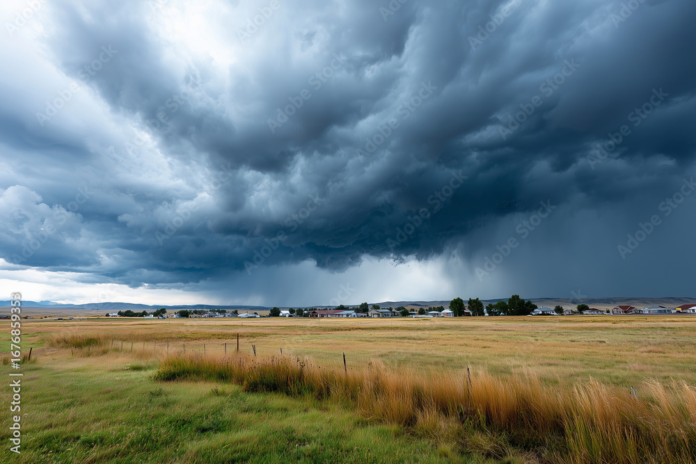 Fototapeta premium Close up, Dramatic storm clouds gathering over a vast rural landscape before heavy rain