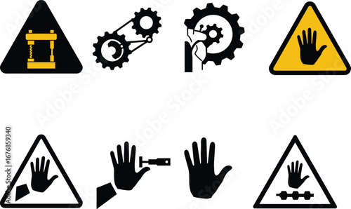 Hand Safety and Machinery Hazard Icons with Crushing, Cutting, Pinch Point, and Industrial Warning Symbols