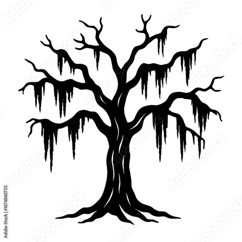 Spooky Haunted Tree Silhouette with Hanging Vines Illustration