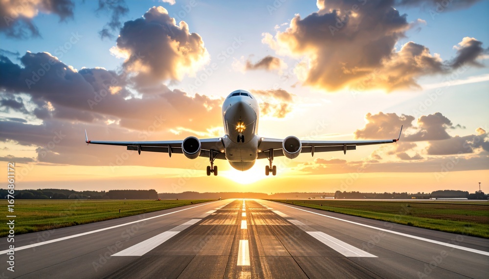 Naklejka premium Commercial jet airplane landing on a runway at sunset.