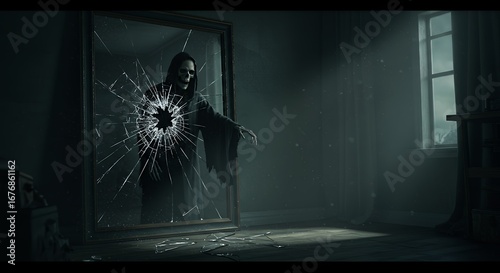 Mysterious spectral figure appears through shattered window