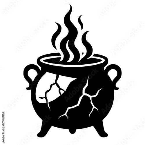 Cracked Cauldron with Intense Flames Icon Vector - Symbol of Potency or Destruction