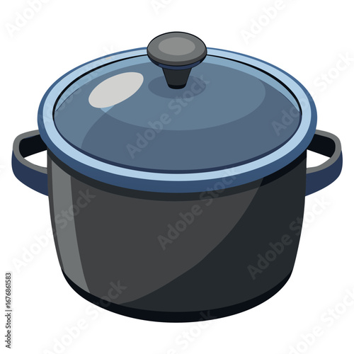 A cooking pot with a blue glass lid and black knob handle, no background vector file.