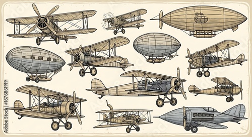 Vintage Airplanes and Airships Illustration.