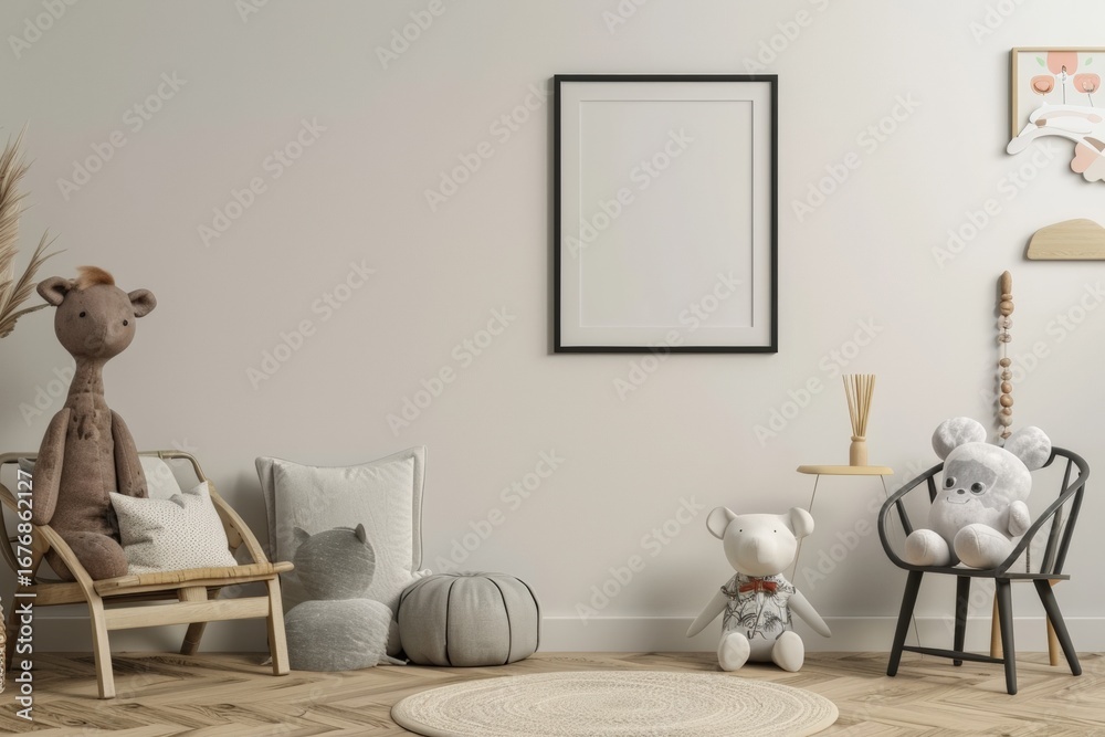 Mockup of children's room interior, Scandinavian style, soft natural colors, wooden floor, simple furniture, cozy and bright, clean walls