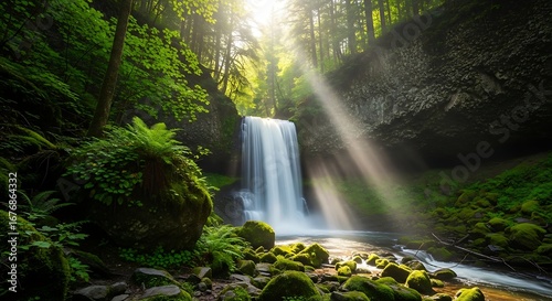 Waterfall in a green forest with sunlight shining through the trees.