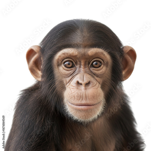 A captivating close-up portrait of a young chimpanzee with soulful brown eyes staring directly into the camera, set against a pristine white background.