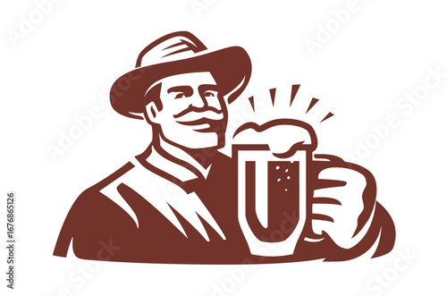 Happy adult man with big mug of beer in his hand. Alcoholic drink, ale emblem. Illustration for pub label or menu