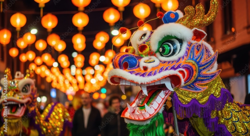 Fototapeta premium Vibrant chinese dragon dance performance illuminated by lanterns during a festive street celebration at night