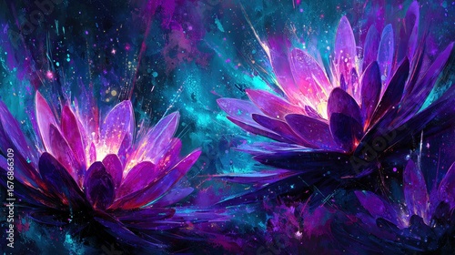 Vibrant digital artwork of purple water lilies with bright accents, set against a deep blue background, creating a mesmerizing aquatic scene.