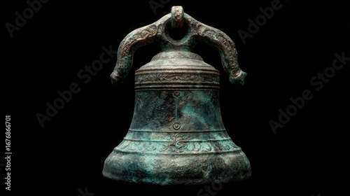 Ancient bell ringing only in presence of truthful thoughts, monitored by ambient AI, copper patina and silence black, sacred cognition 
