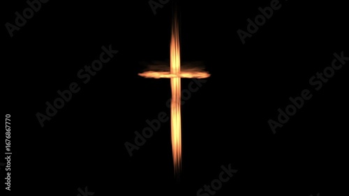 Realistic christian cross made by fire animation on black background. 4K animation for film ads and movie.